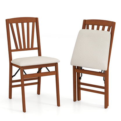 Folding Wooden Dining Chairs with Slatted Backrest and Padded Seat Set of 2
