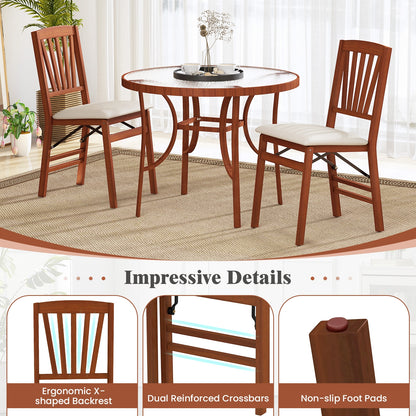 Folding Wooden Dining Chairs with Slatted Backrest and Padded Seat Set of 2