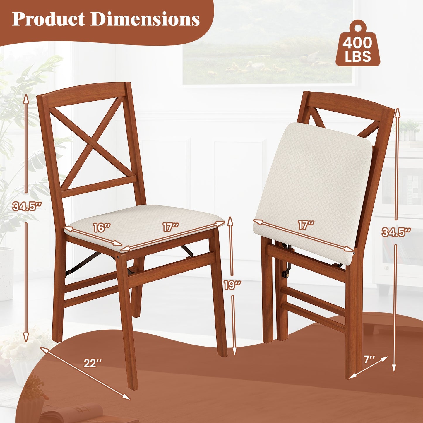 Folding Wooden Dining Chairs with X Backrest and Padded Seat Set of 2