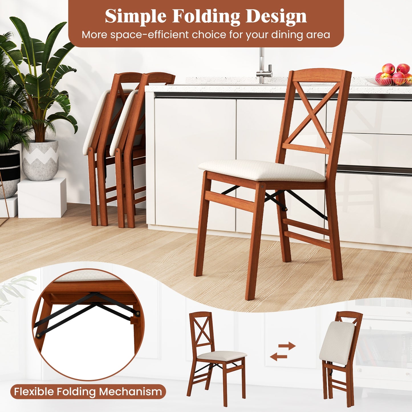 Folding Wooden Dining Chairs with X Backrest and Padded Seat Set of 2