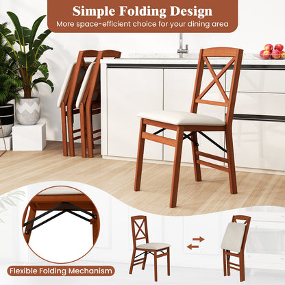 Folding Wooden Dining Chairs with X Backrest and Padded Seat Set of 2