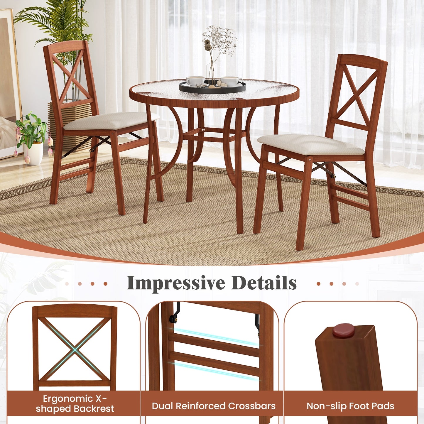 Folding Wooden Dining Chairs with X Backrest and Padded Seat Set of 2