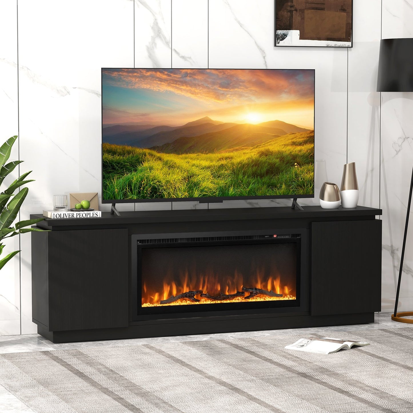 Modern Fireplace TV Stand with Adjustable Shelves and Storage for TVs up to 80 Inches - Black