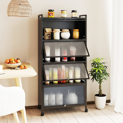 Freestanding 5 Tier Kitchen Storage Cabinet with Flip Doors and Wheels - Black