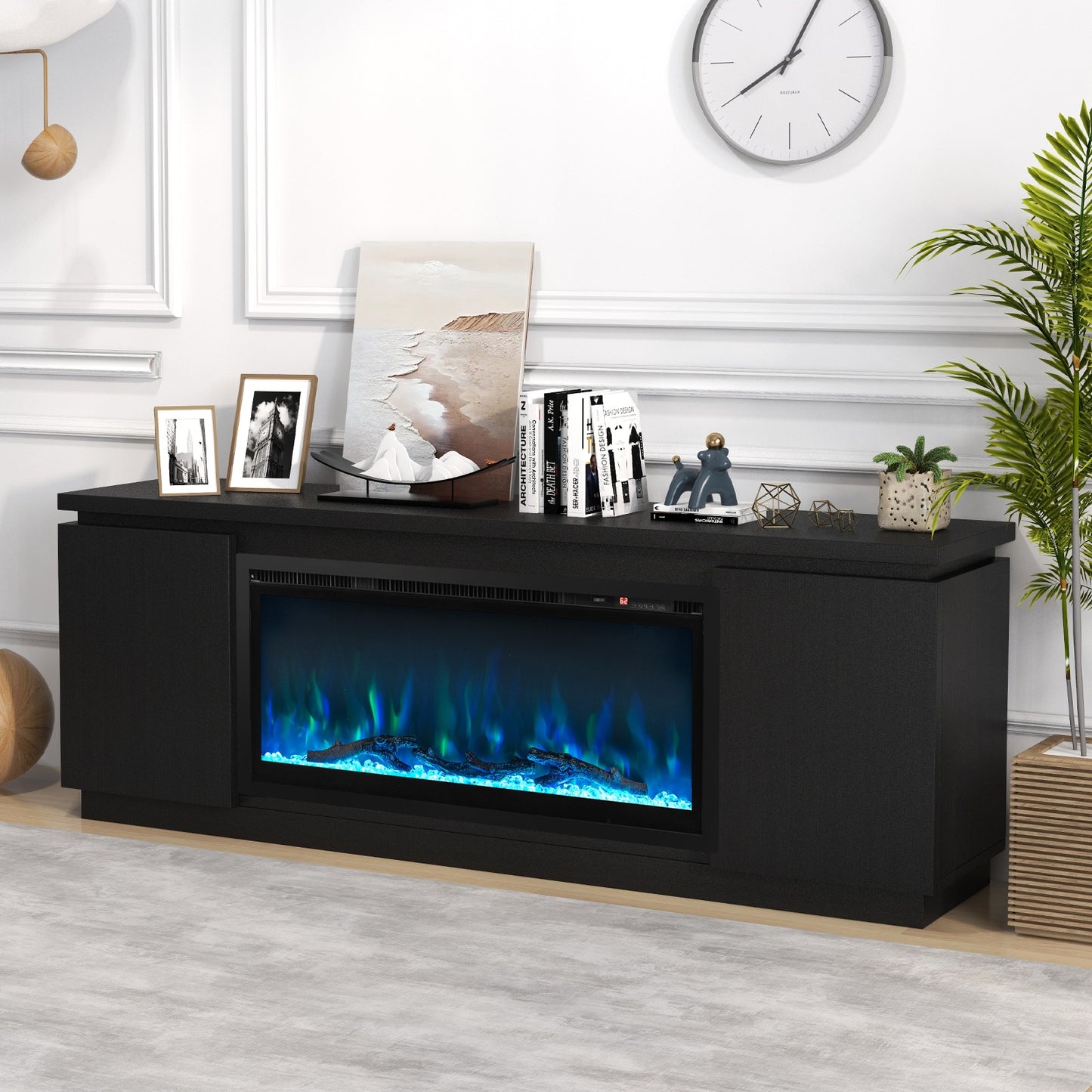 Modern Fireplace TV Stand with Adjustable Shelves and Storage for TVs up to 80 Inches - Black