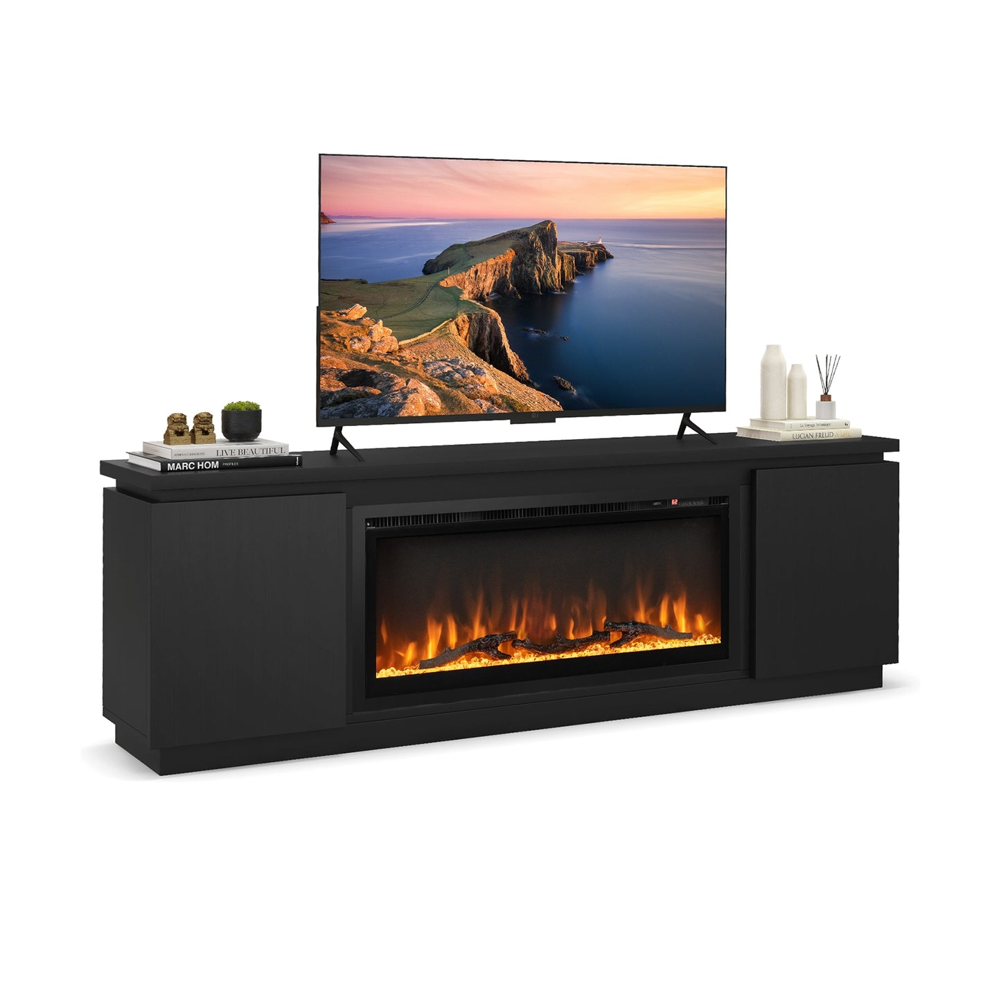 Modern Fireplace TV Stand with Adjustable Shelves and Storage for TVs up to 80 Inches - Black