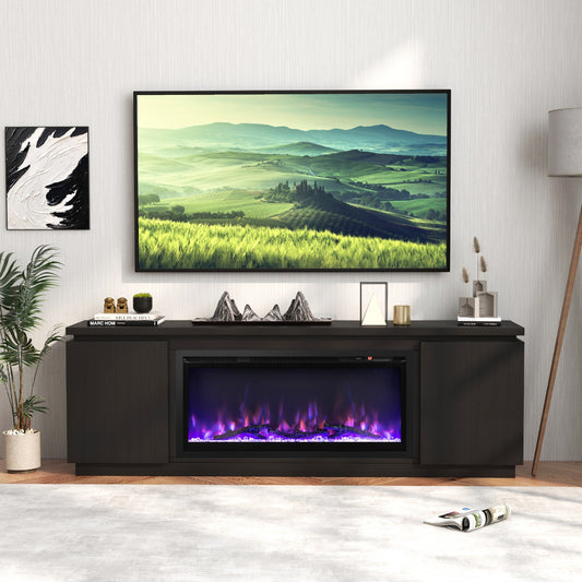 Modern Fireplace TV Stand with Adjustable Shelves and Storage for TVs up to 80 Inches - Black