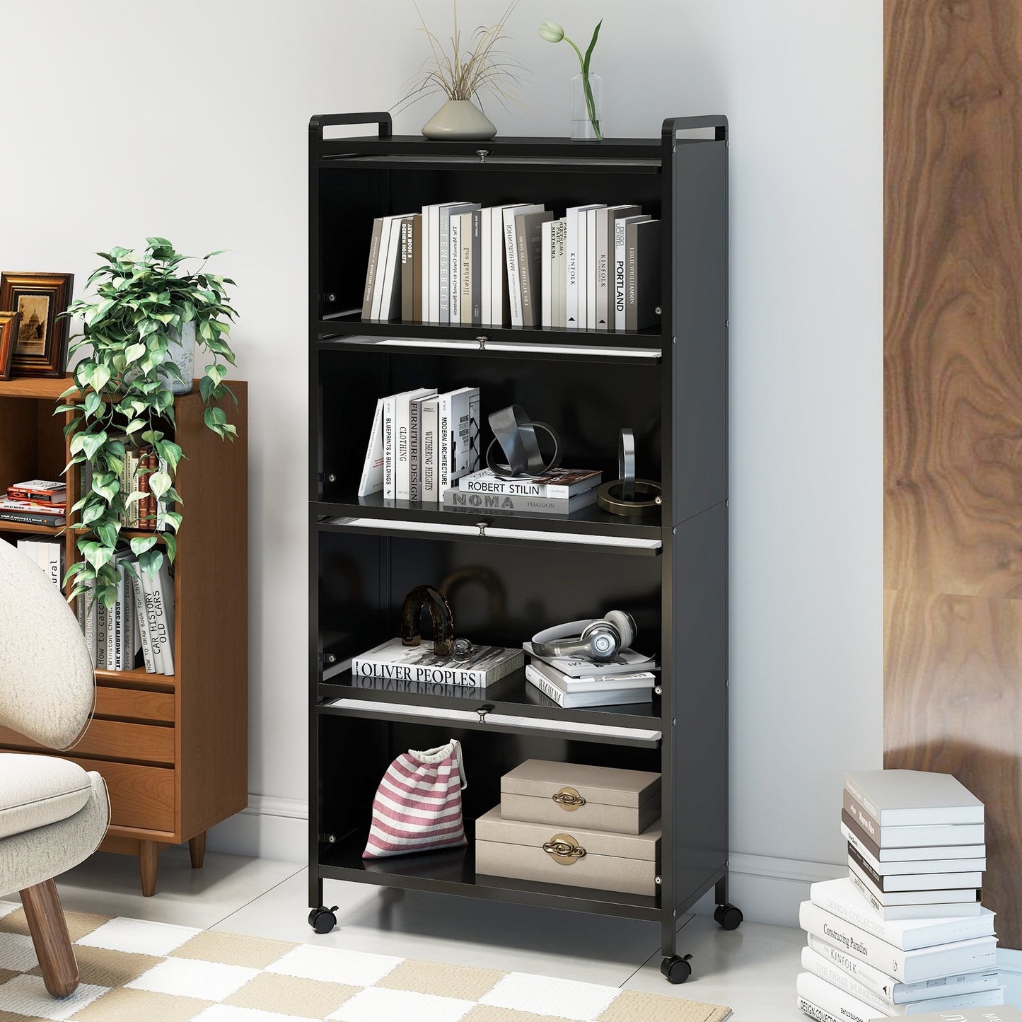 Freestanding 5 Tier Kitchen Storage Cabinet with Flip Doors and Wheels - Black