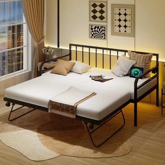 Adjustable Metal Twin Daybed with Pop-up Trundle, LED Light & Charging Station - Black
