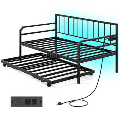 Adjustable Metal Twin Daybed with Pop-up Trundle, LED Light & Charging Station - Black