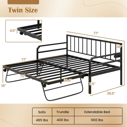 Adjustable Metal Twin Daybed with Pop-up Trundle, LED Light & Charging Station - Black