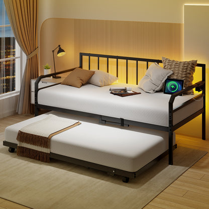 Adjustable Metal Twin Daybed with Pop-up Trundle, LED Light & Charging Station - Black