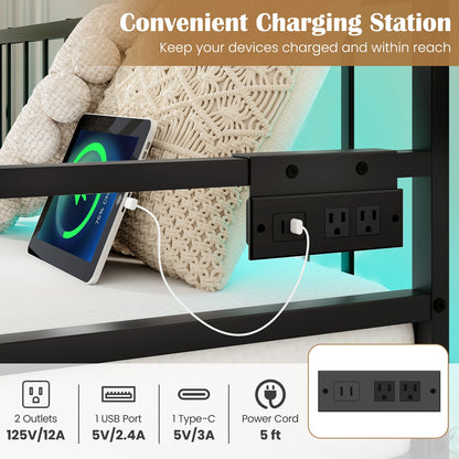 Adjustable Metal Twin Daybed with Pop-up Trundle, LED Light & Charging Station - Black