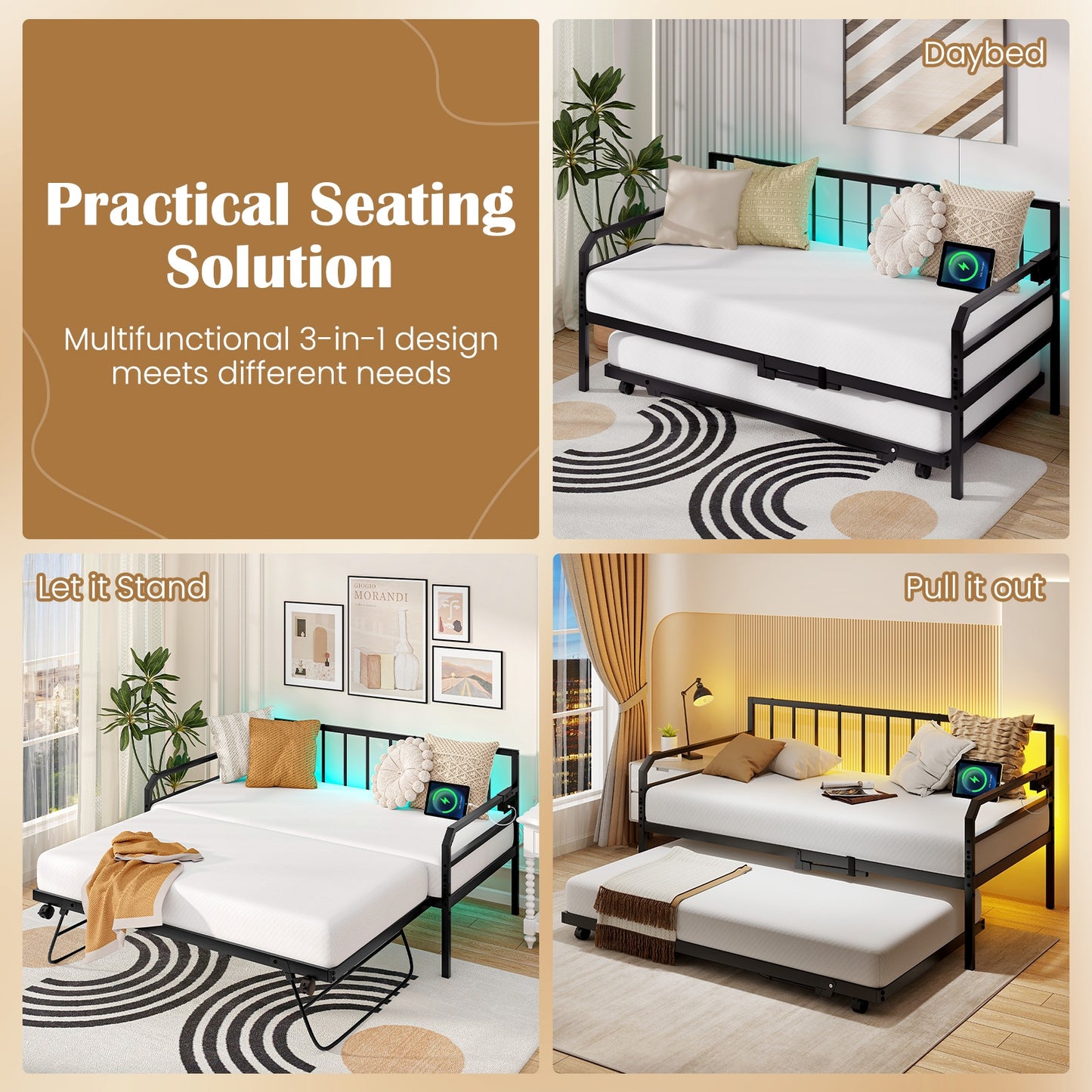 Adjustable Metal Twin Daybed with Pop-up Trundle, LED Light & Charging Station - Black