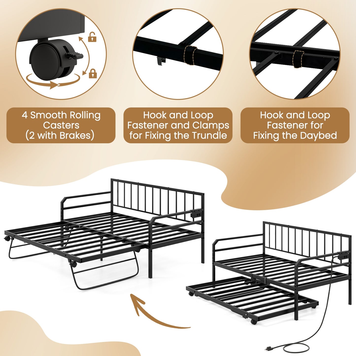 Adjustable Metal Twin Daybed with Pop-up Trundle, LED Light & Charging Station - Black