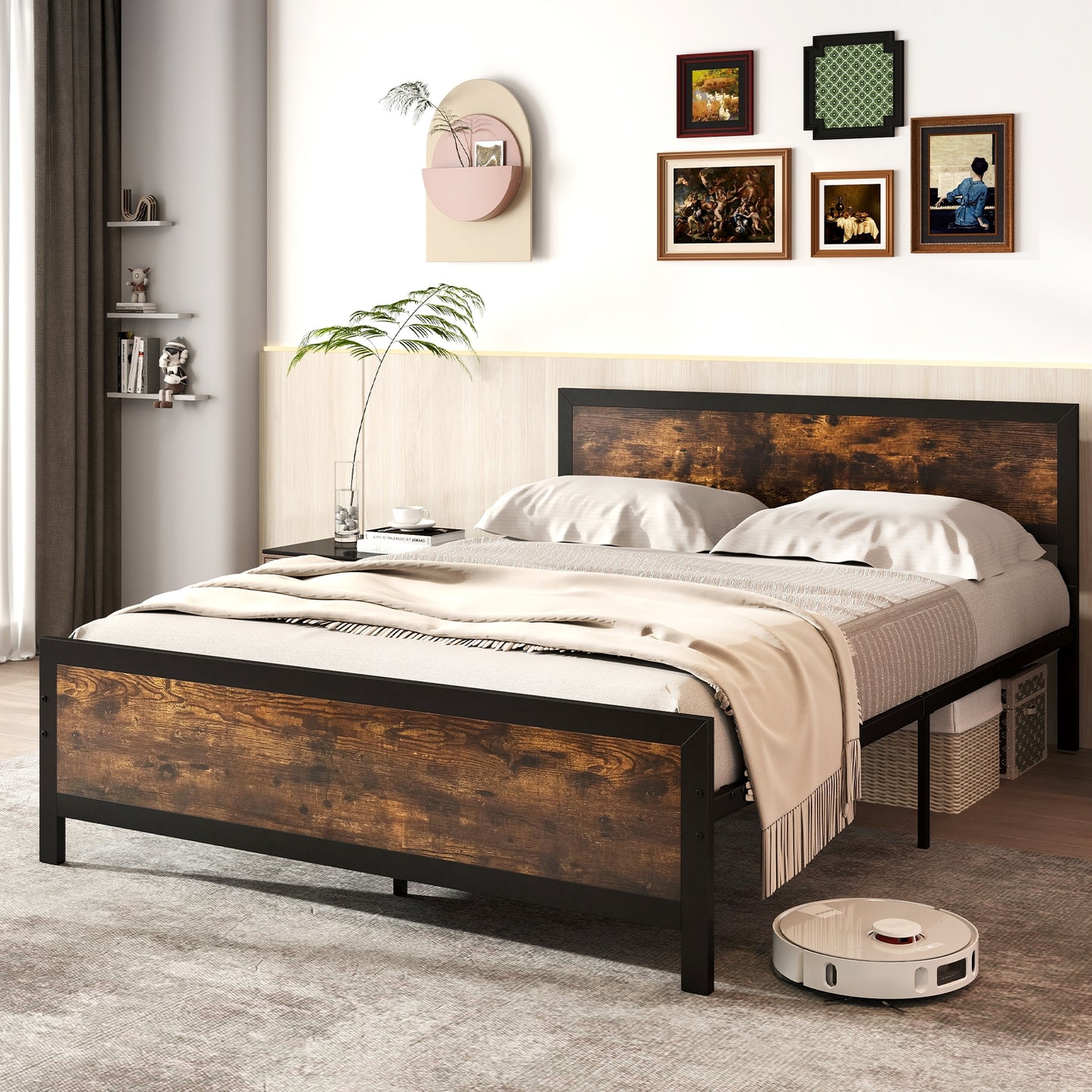 Farmhouse Style Metal Bed Frame with Wooden Touches and Silent Support, Queen Size