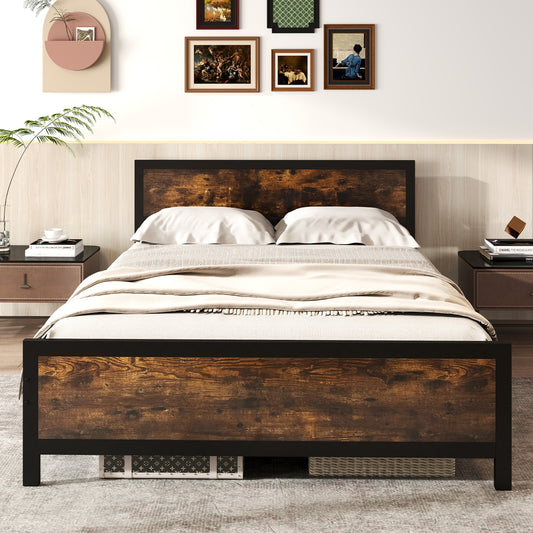 Farmhouse Style Metal Bed Frame with Wooden Touches and Silent Support, Queen Size