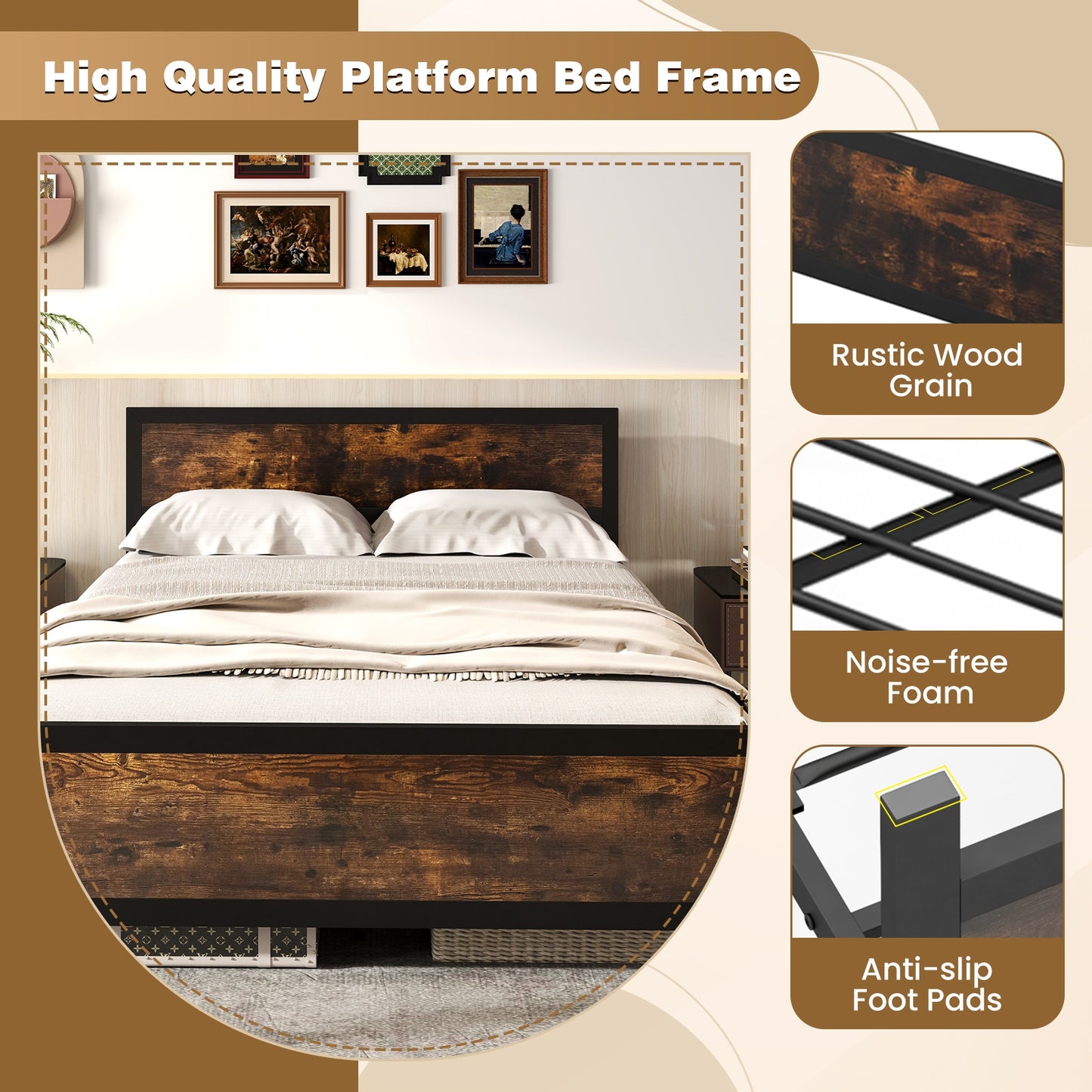 Farmhouse Style Metal Bed Frame with Wooden Touches and Silent Support, Queen Size