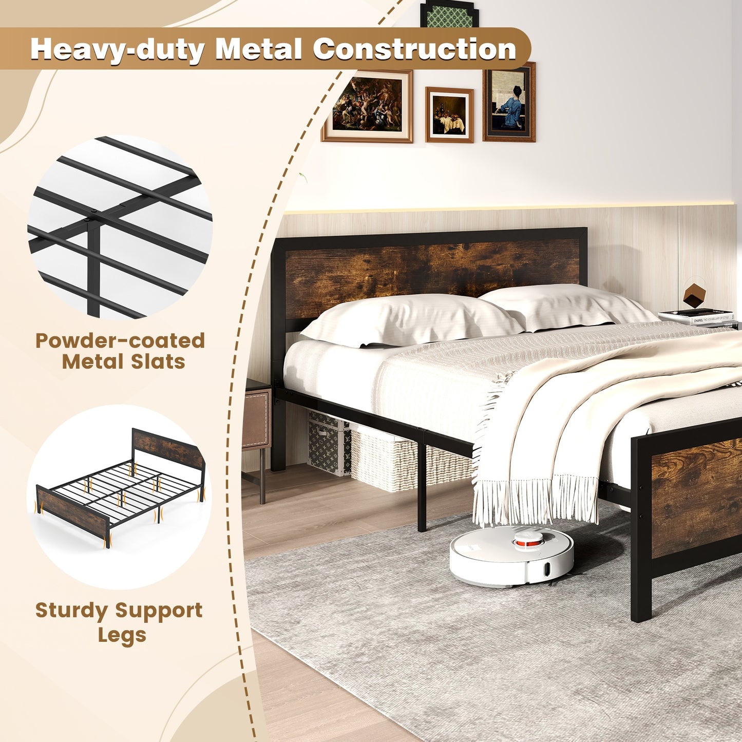 Farmhouse Style Metal Bed Frame with Wooden Touches and Silent Support, Queen Size