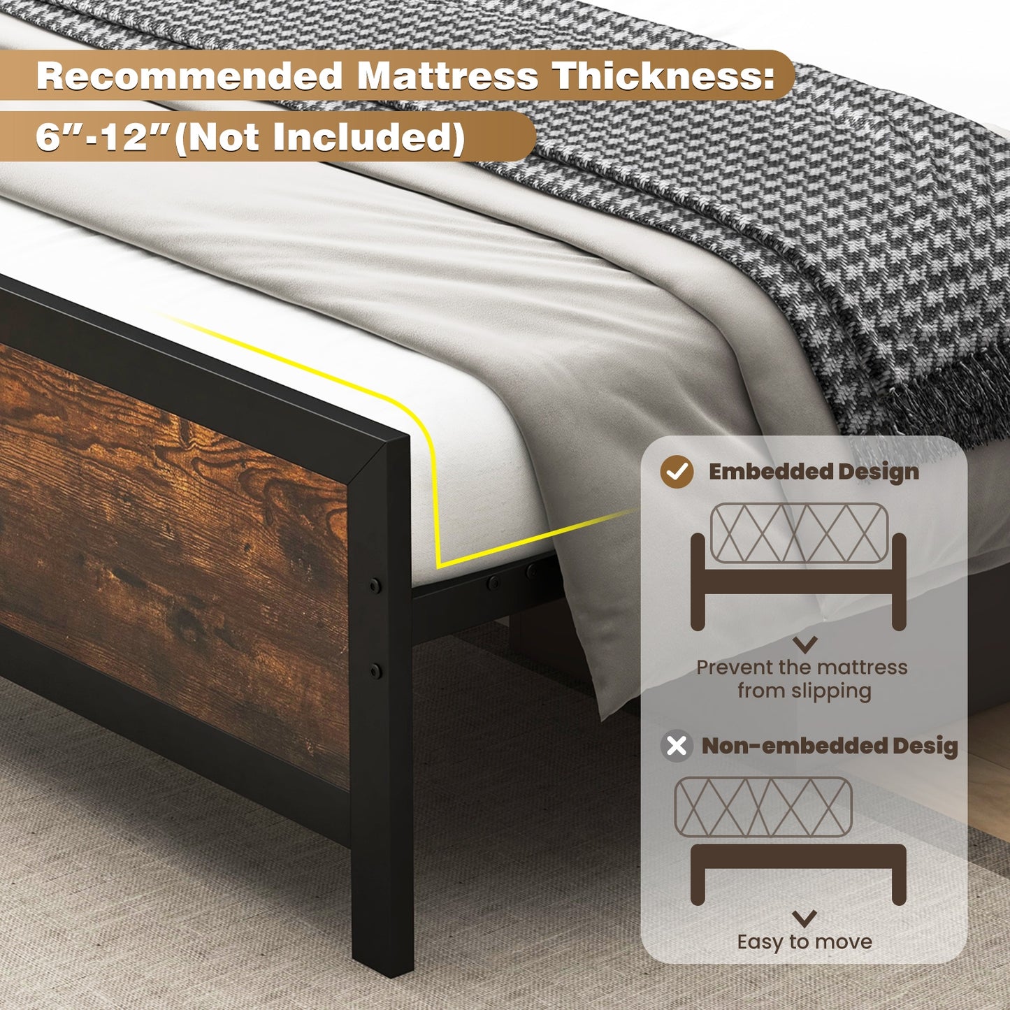 Farmhouse Style Metal Bed Frame with Wooden Touches and Silent Support, Queen Size