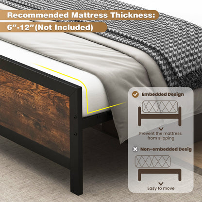 Farmhouse Style Metal Bed Frame with Wooden Touches and Silent Support, Queen Size