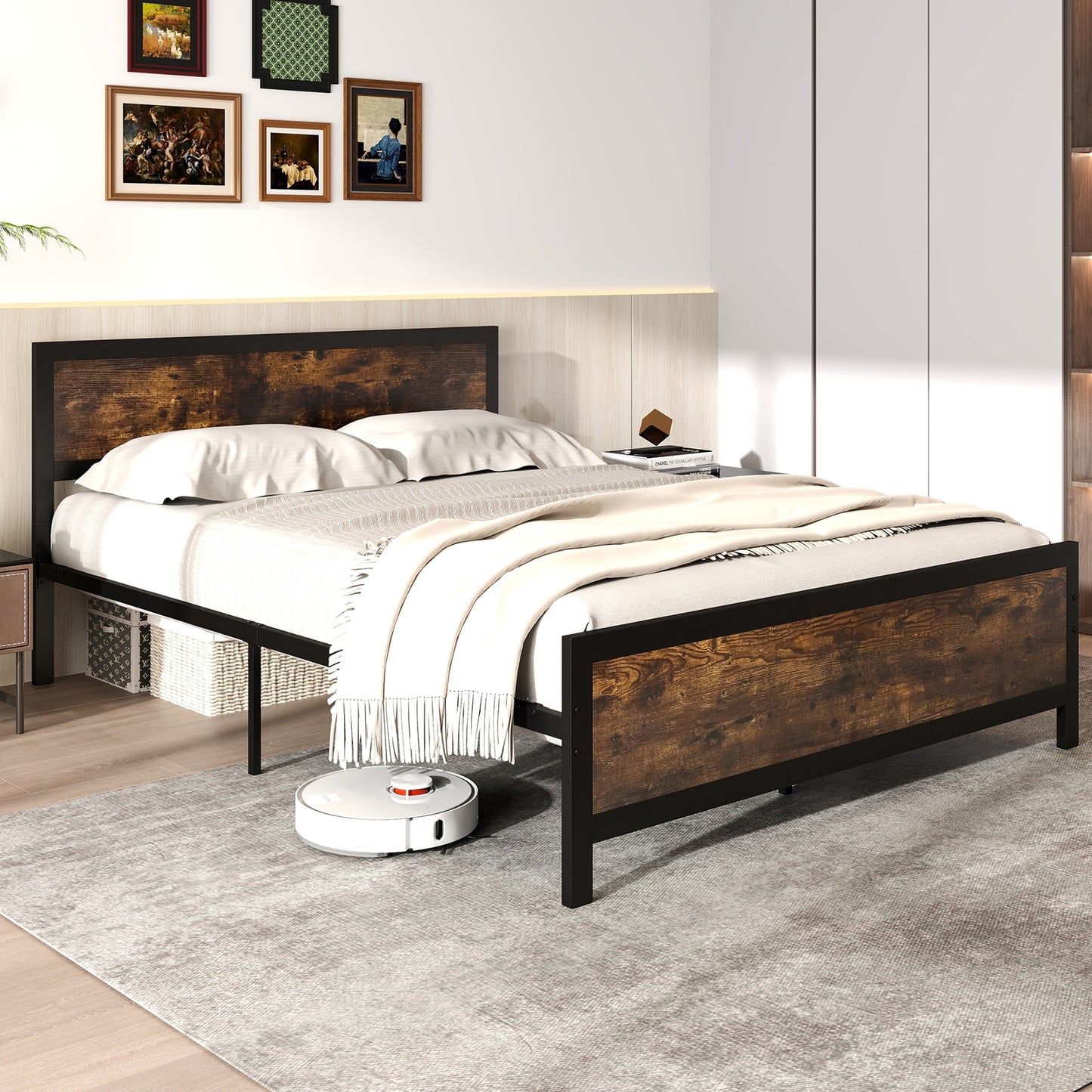 Farmhouse Style Metal Bed Frame with Wooden Touches and Silent Support, Queen Size