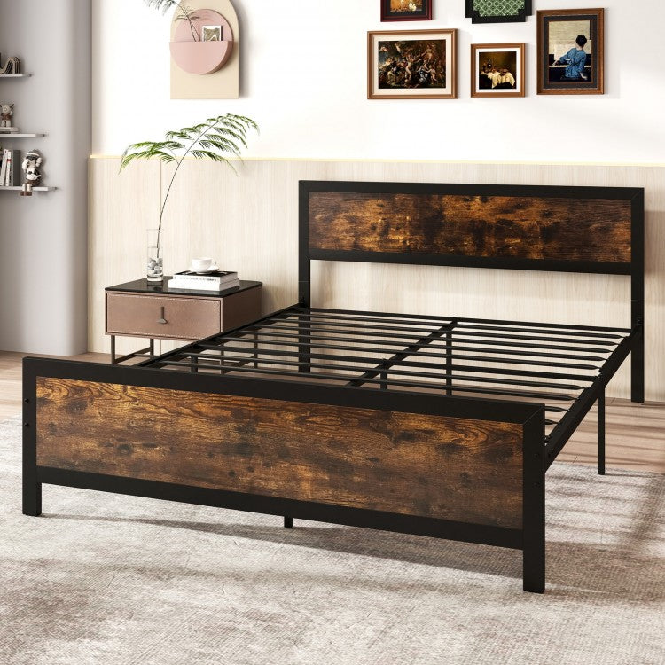 Farmhouse Style Metal Bed Frame with Wooden Touches and Silent Support, Queen Size