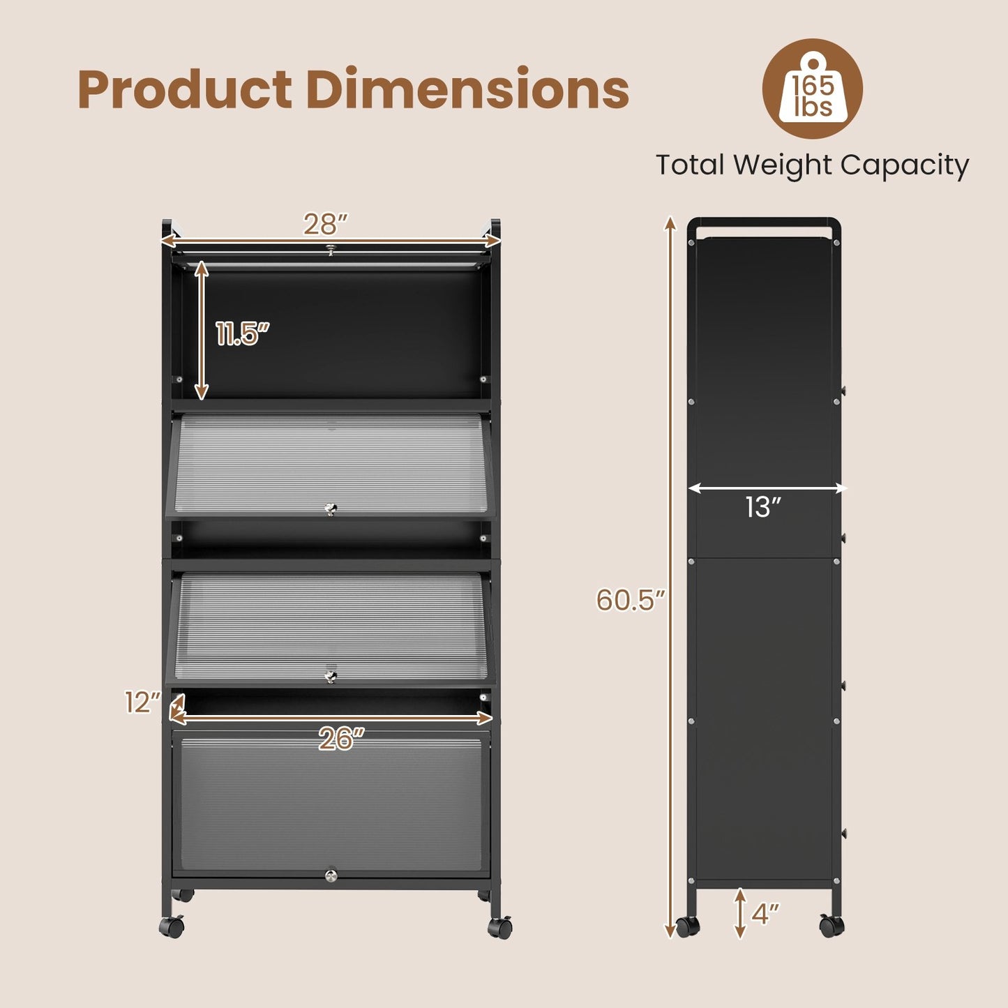 Freestanding 5 Tier Kitchen Storage Cabinet with Flip Doors and Wheels - Black