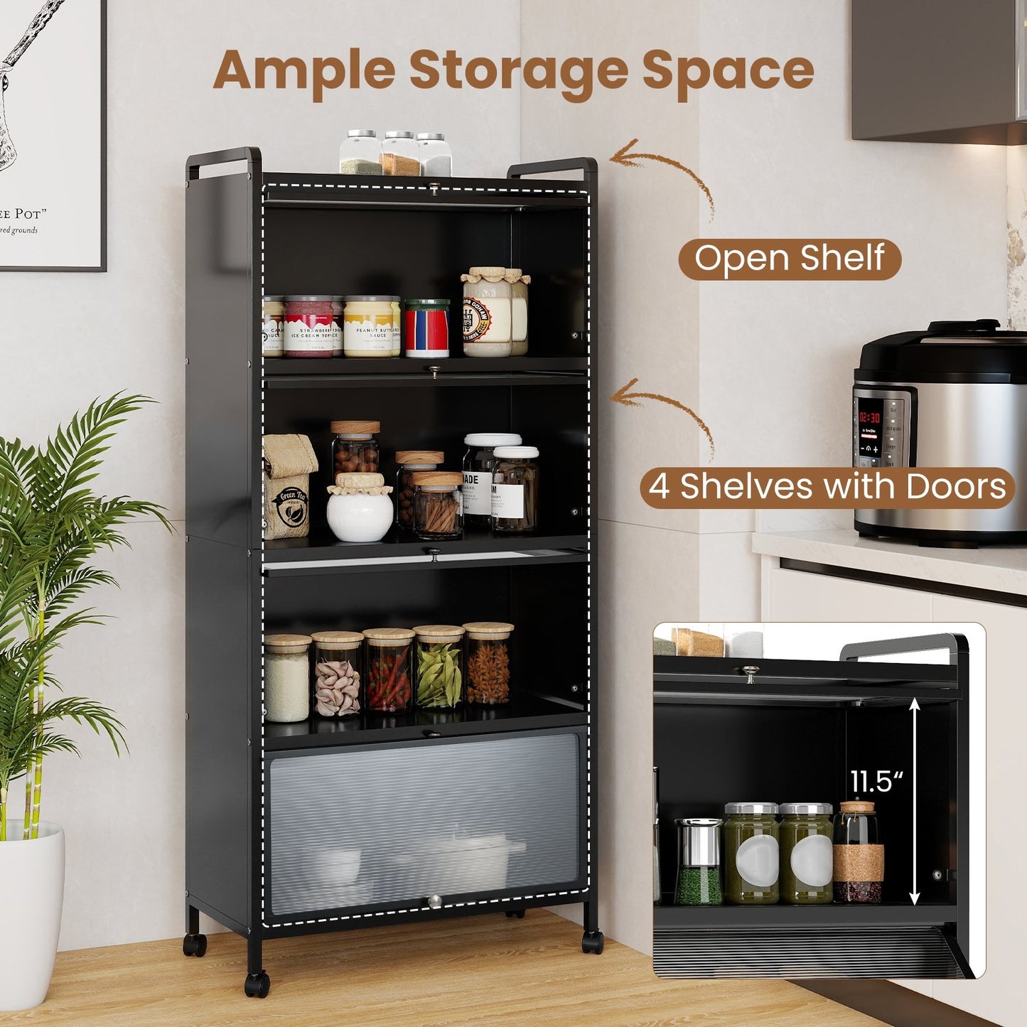 Freestanding 5 Tier Kitchen Storage Cabinet with Flip Doors and Wheels - Black