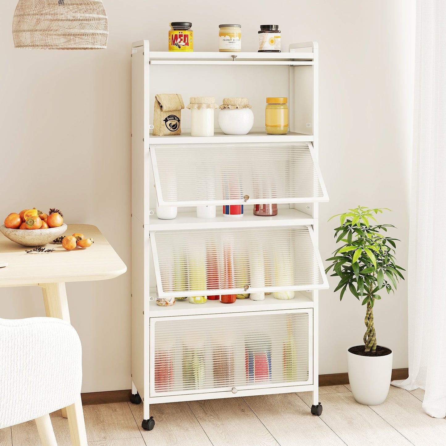 Freestanding 5 Tier Kitchen Storage Cabinet with Flip Doors and Wheels - White