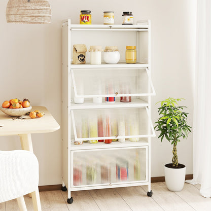 Freestanding 5 Tier Kitchen Storage Cabinet with Flip Doors and Wheels - White