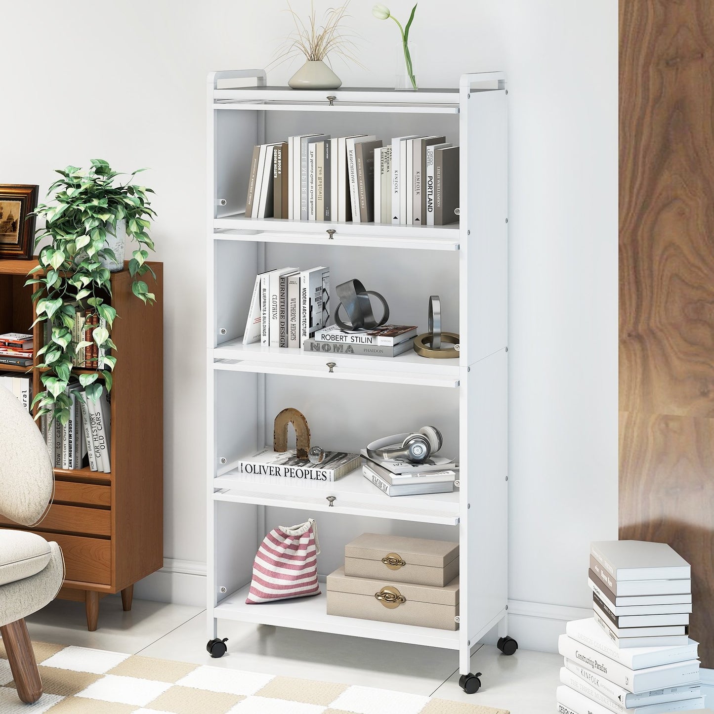 Freestanding 5 Tier Kitchen Storage Cabinet with Flip Doors and Wheels - White