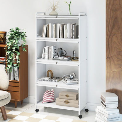 Freestanding 5 Tier Kitchen Storage Cabinet with Flip Doors and Wheels - White