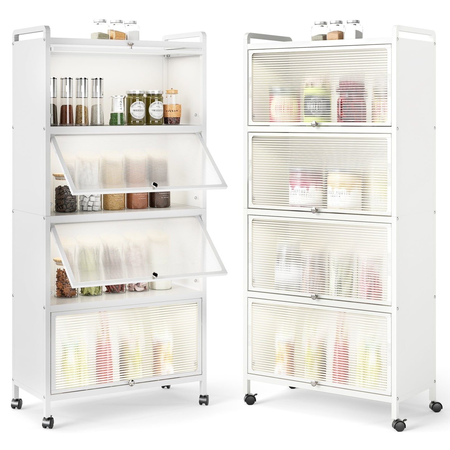 Freestanding 5 Tier Kitchen Storage Cabinet with Flip Doors and Wheels - White