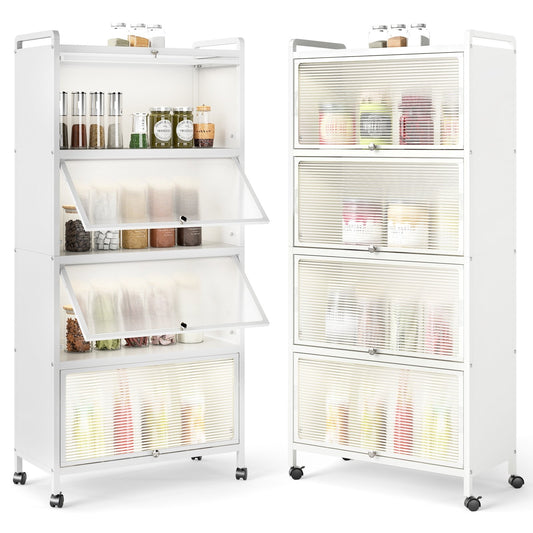 Freestanding 5 Tier Kitchen Storage Cabinet with Flip Doors and Wheels - White