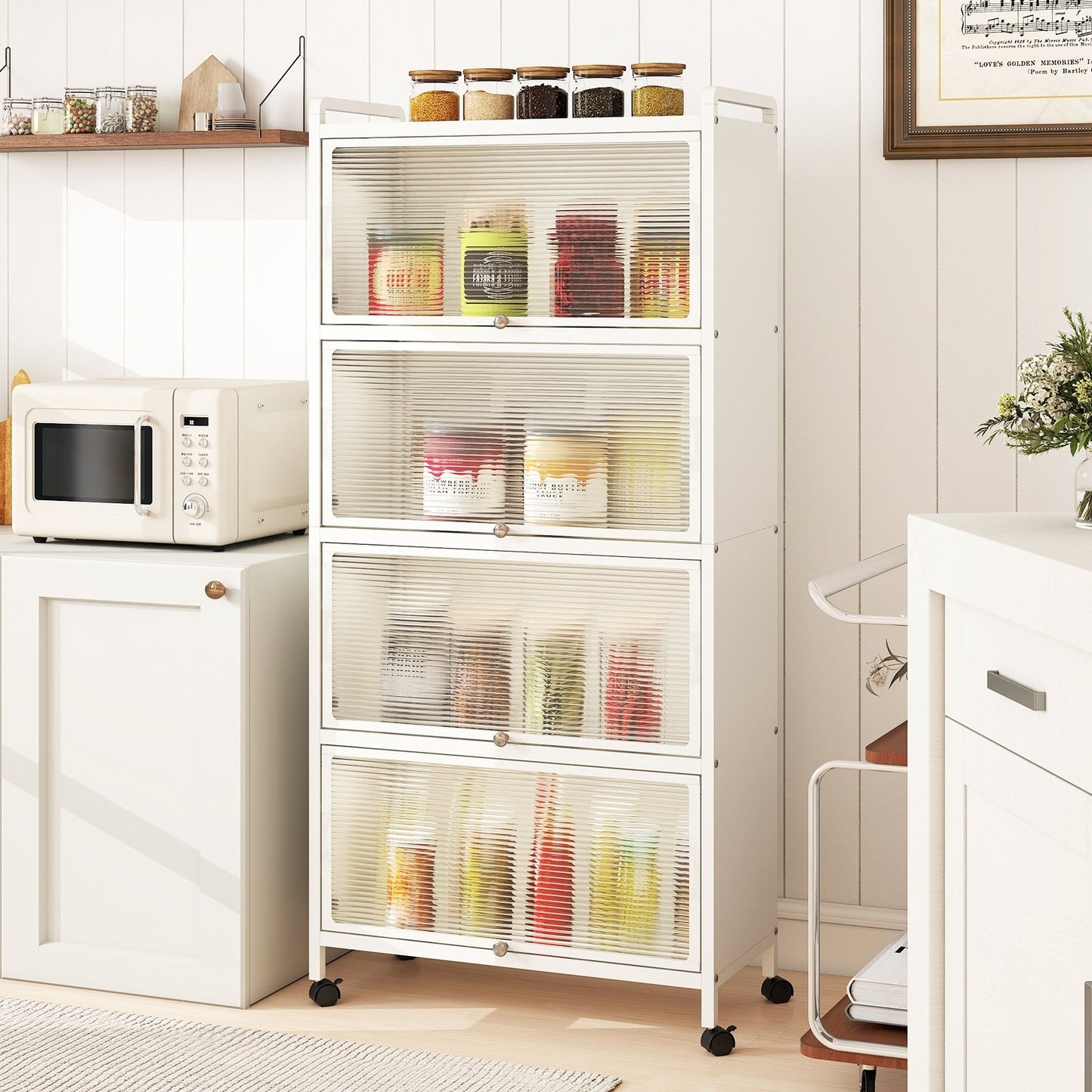Freestanding 5 Tier Kitchen Storage Cabinet with Flip Doors and Wheels - White