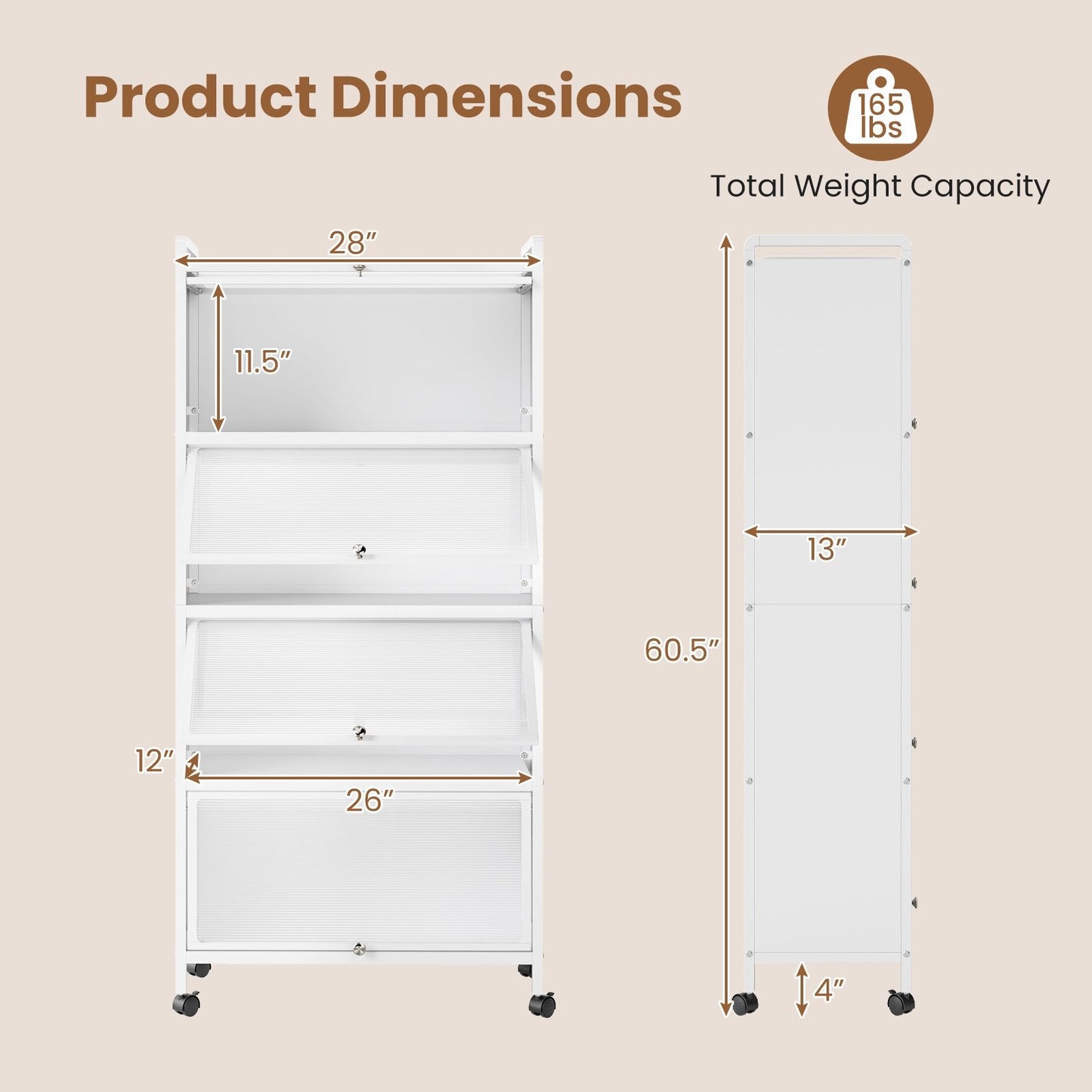 Freestanding 5 Tier Kitchen Storage Cabinet with Flip Doors and Wheels - White
