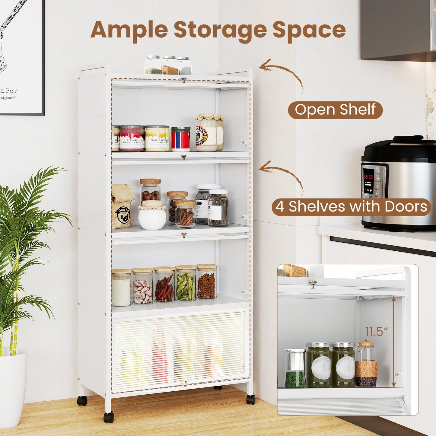 Freestanding 5 Tier Kitchen Storage Cabinet with Flip Doors and Wheels - White