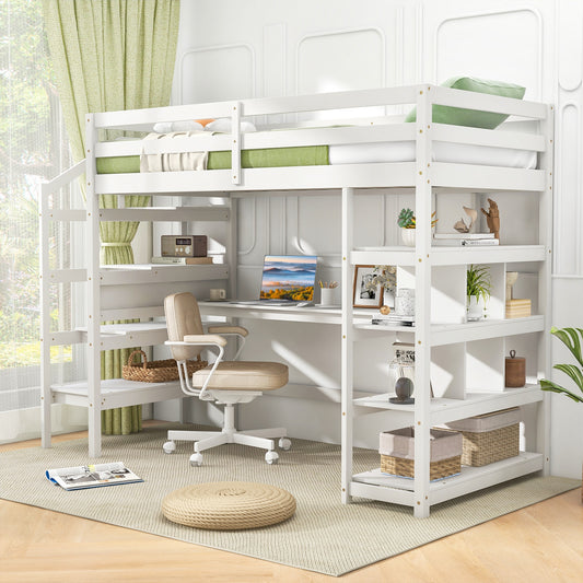 Multifunctional Twin Loft Bed with Desk, Storage Stairs, Shelves, and Safety Guardrails