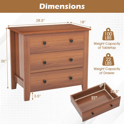 3-Drawer Storage Dresser Chest, Compact Bedside Table with Organizational Drawers – Walnut