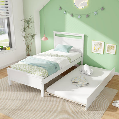 Twin Wooden Platform Bed with Pull-Out Trundle and Headboard, White Finish