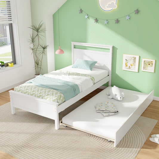 Twin Wooden Platform Bed with Pull-Out Trundle and Headboard, White Finish