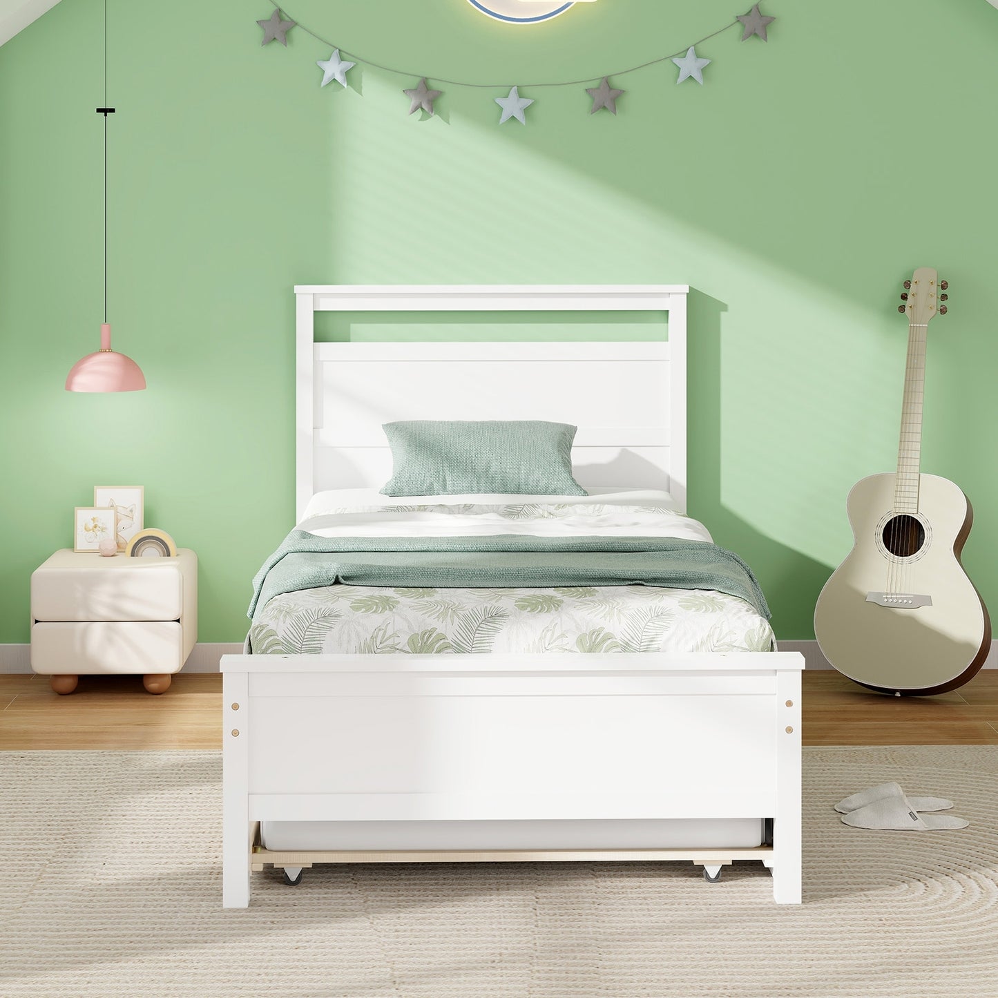 Twin Wooden Platform Bed with Pull-Out Trundle and Headboard, White Finish