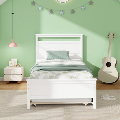 Twin Wooden Platform Bed with Pull-Out Trundle and Headboard, White Finish