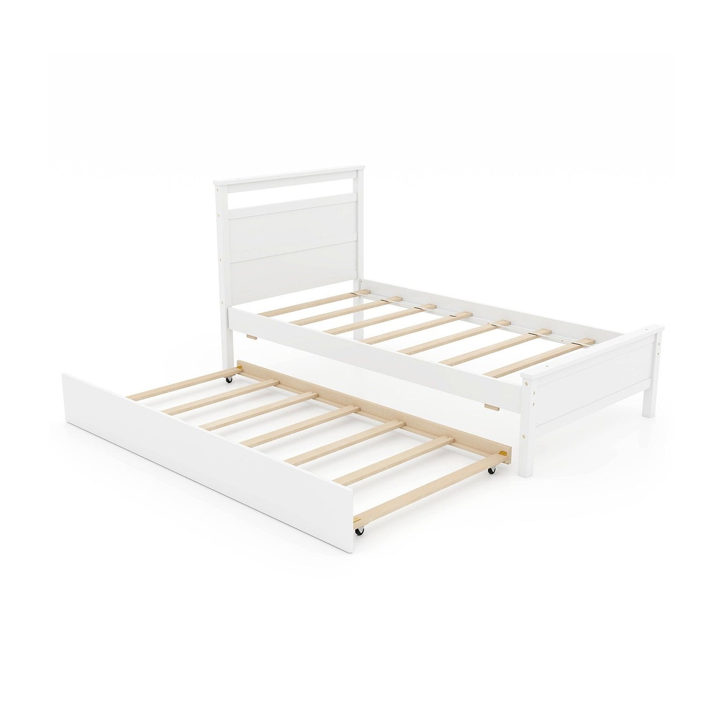 Twin Wooden Platform Bed with Pull-Out Trundle and Headboard, White Finish