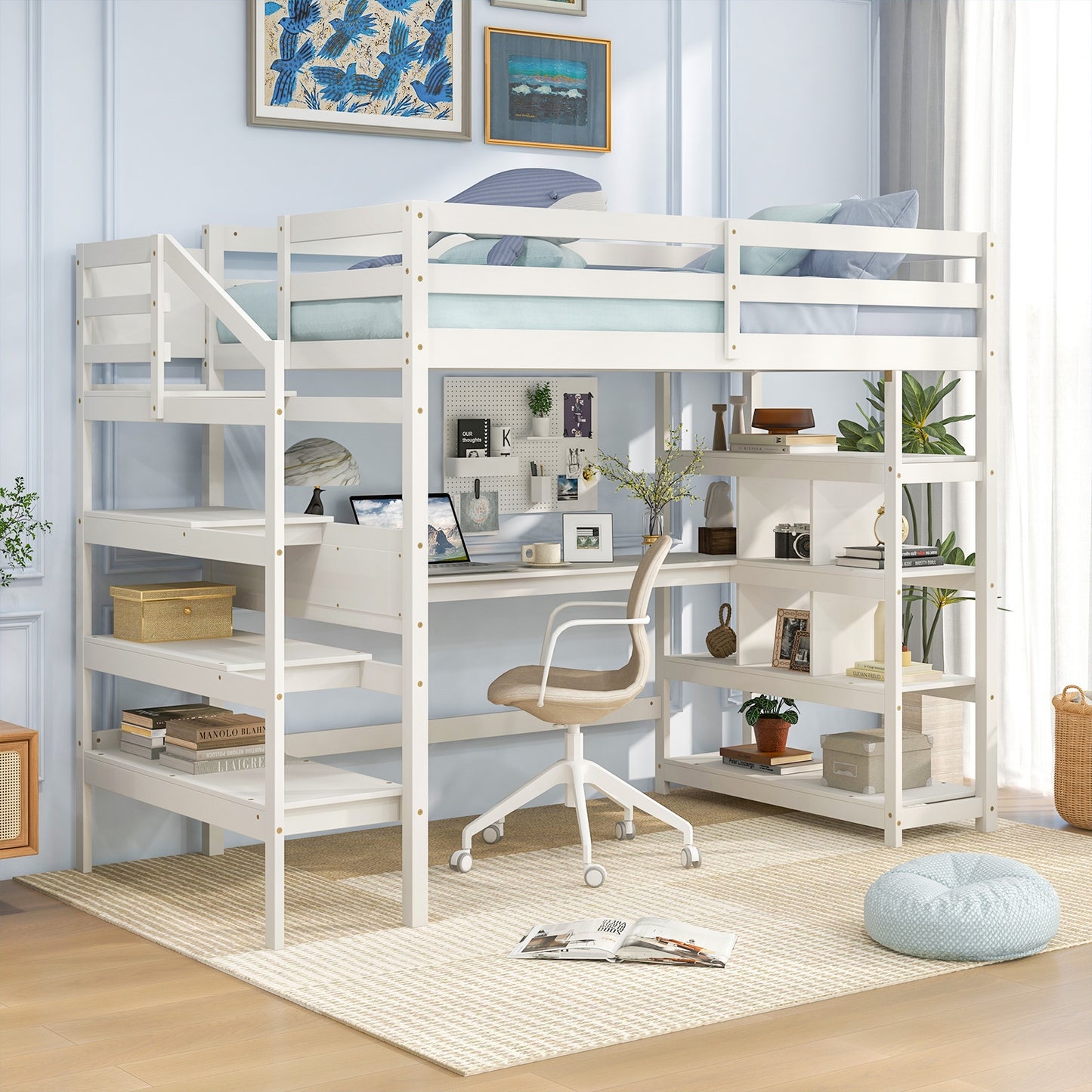 Multifunctional Twin Loft Bed with Desk, Storage Stairs, Shelves, and Safety Guardrails