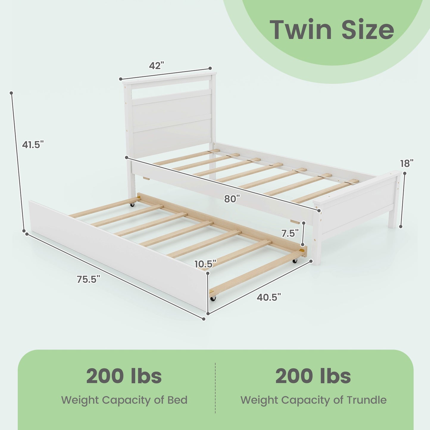 Twin Wooden Platform Bed with Pull-Out Trundle and Headboard, White Finish
