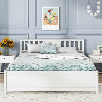 White Wooden Platform Bed Frame with Headboard and Slat Support, Queen Size