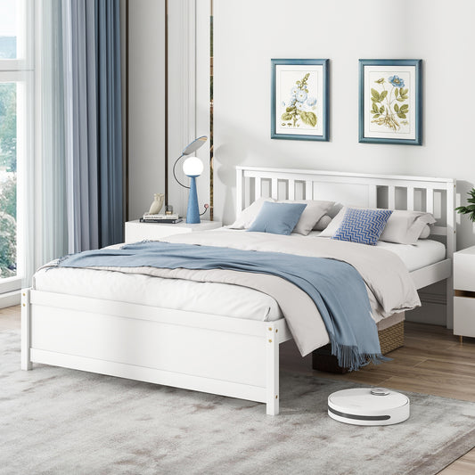 White Wooden Platform Bed Frame with Headboard and Slat Support, Full Size