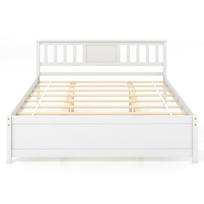 White Wooden Platform Bed Frame with Headboard and Slat Support, Queen Size